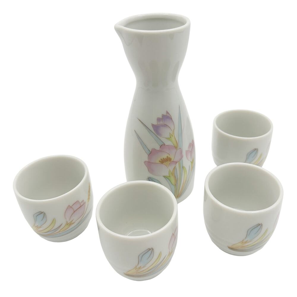Vintage 80s Floral Sake Set - Pink Pastel Watercolor Tulip Design 5-pc Otagiri?